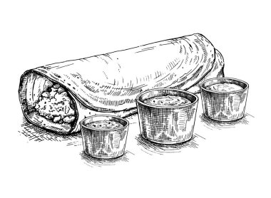 Masala Dosa. Geleneksel hint yemeği. Vektör el çizilmiş illüstrasyon. Çizim stili. Pancake baharatlı dips ile servis
