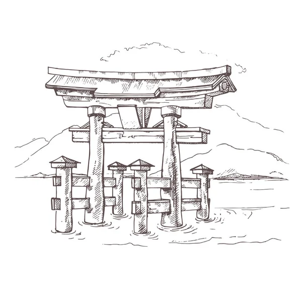 素描日本宫岛外海的 东岛门 — 图库矢量图片