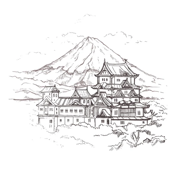 Ilustracja Japonia Himeji Zamek Szkic Japonii Gród Rysunek Azja Zwiedzanie — Wektor stockowy
