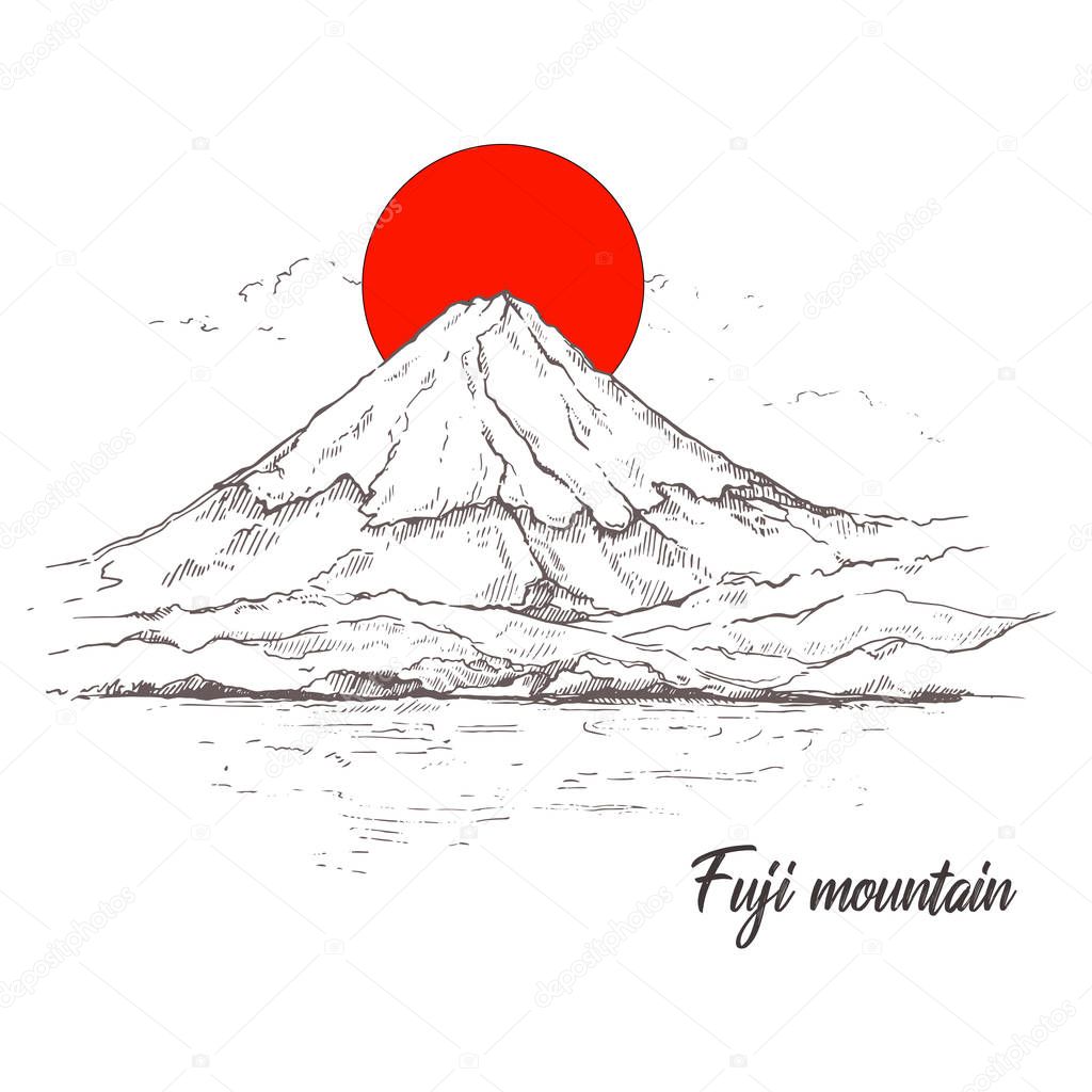 Illustration Mount Fuji and red sun .Sketch. Japan drawing.Hand drawn and ink painting of Asia.