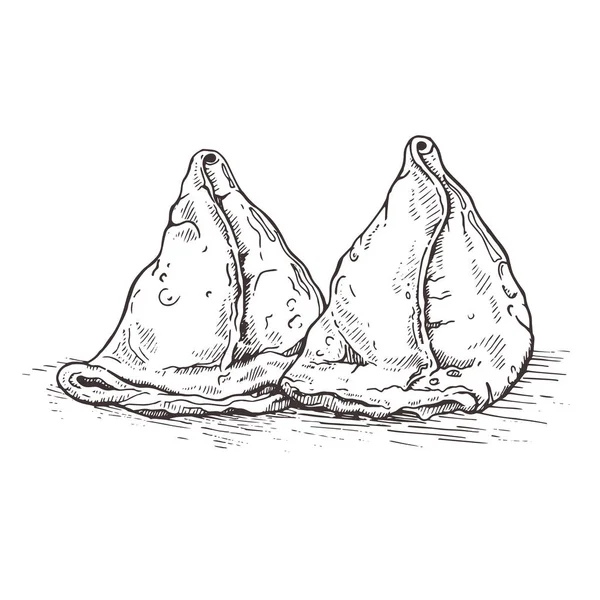 İllüstrasyon Asya gıda. Domates soslu vejetaryen samsa (samosas). Sketch.Hint mutfağı.