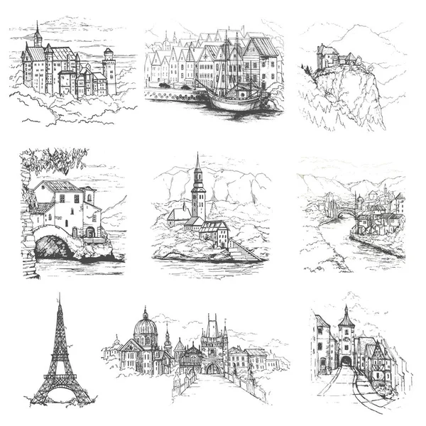 Attractions World Freehand Drawing Vector Illustration Drawing Europe Travel Set — Stock Vector