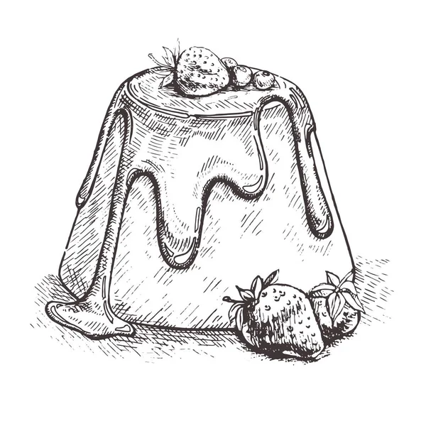 Çilek ile panna cotta el çizilmiş vektör illüstrasyon. Beyaz arka planda izole edilmiş. Retro tarzı. Sketch Lezzetli İtalyan tatlısı. İtalyan mutfağı.