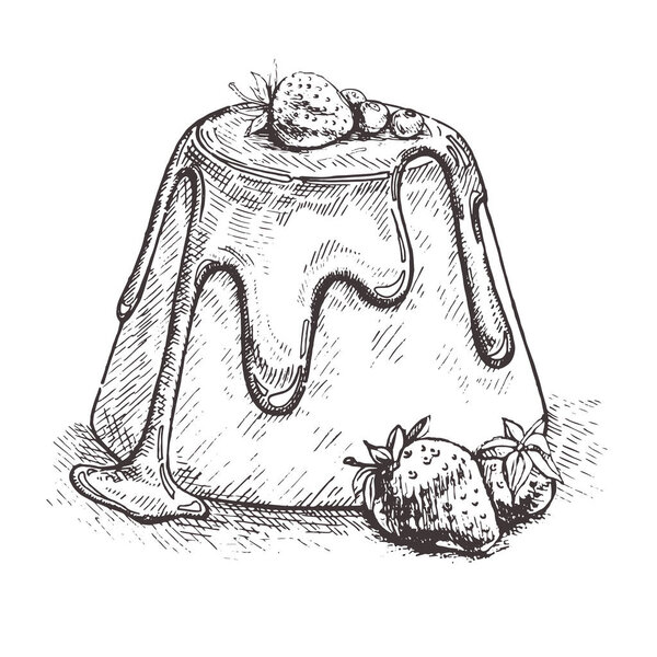 Векторная иллюстрация панна-котты с клубникой. Изолированный на белом фоне. Ретро стиль. Эскиз вкусный итальянский десерт.Итальянская кухня
.