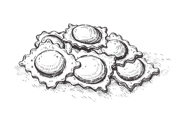 Vektör el çizilmiş ravioli. İtalyan mutfağından yemekler. Ayrıntılı retro tarzı İllüstrasyon. Etiketler, ambalaj ve kart tasarımı için vintage çizim elemanı. Ham ravioli makarna Grubu.