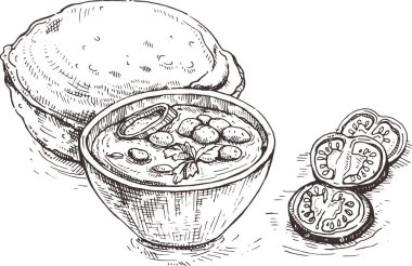 Çizim Hint mutfağı. Chole Bhature ya da Chole Bezelye ve Kızarmış Puri, terasotta çömleğinde servis edilir..