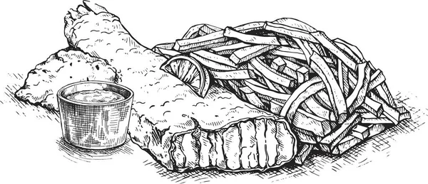 Klasik arka planda resimli balık ve cips eskizi. İngiliz mutfağı. Sokak yemekleri serisi. Pazar, restoran, kafe, gıda etiketi tasarımları için harika..