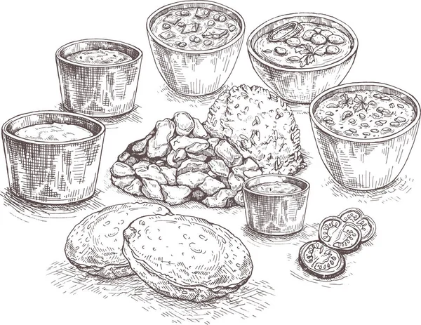 Illustrazione Farina Indiana Thali Composta Diversi Curry Pane Fritto Piatto — Vettoriale Stock