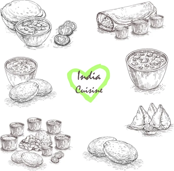 Illustration Nourriture Indienne Esquisse Dessinée Main Cuisine Indienne Collection Caniches — Image vectorielle