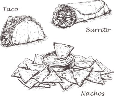  Geleneksel Meksika yemekleri. Elle çizilmiş taslak vektör çizimi. Klasik Meksika mutfağı seti. Taco, nachos, burrito..