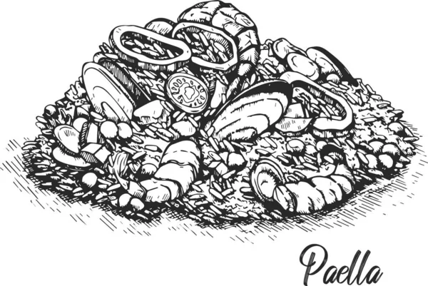 Ilustración Paella Española Mariscos Con Camarones Judías Verdes Pimentón Plantilla — Archivo Imágenes Vectoriales