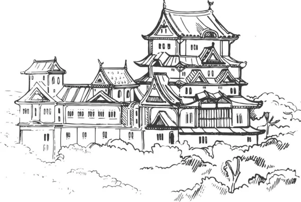  UNESCO Himeji Şatosu, Osaka yakınlarında, Japon Illustration vektör çizimi Himeji Jo kalesinin çizimi. Baskı, hediyelik eşya, kartpostallar, dekorasyon, resim için Japon tarihi sergisi..