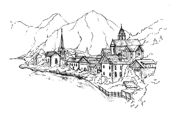 Vector Illustratie Van Scenic Ansichtkaartweergave Van Het Beroemde Bergdorp Hallstatt — Stockvector