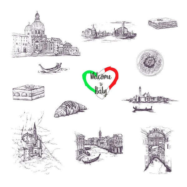 Handgetekende Doodle Kunstschets Illustratie Welkom Italië Symbolen Set Handgetekende Set — Stockvector