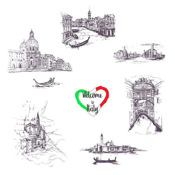 이탈리아의 상징에 합니다 Set Italy Landmarks Travel Hand Draw Set — 스톡 벡터