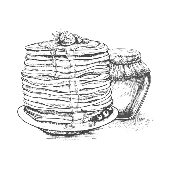 Disegno Pancake Vintage Vettoriale Illustrazione Alimentare Monocromatica Disegnata Mano Ottimo — Vettoriale Stock