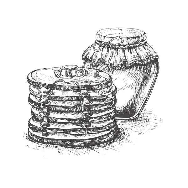 Vector Vintage Pancake Draw 손으로 포스터 노동자에 어울린다 딸기와 곁들여진 — 스톡 벡터