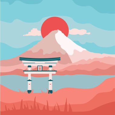 Fuji Dağı. Pagolu bir Japon manzarası, bir kapı. Gün batımında Fuji Dağı silueti..