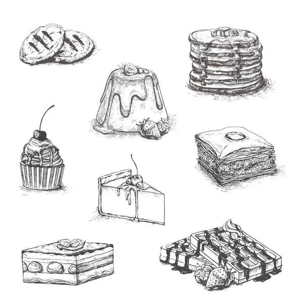 Desserter Inställda Vektorillustration Kakor Kex Bakning Kakor Bakverk Eclair Muffin — Stock vektor