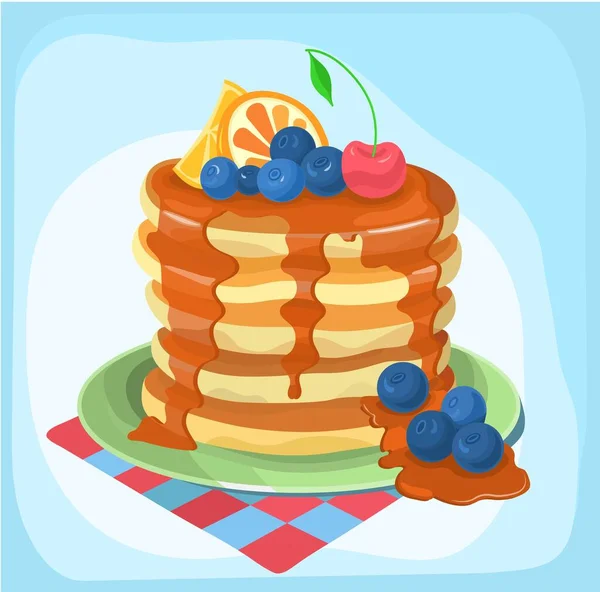 케잌에 블루베리 메이플 시럽을 배경에 얹는다 단풍당밀은 Pancakes Food Vector — 스톡 벡터