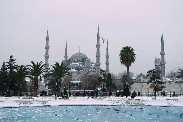 雪の日にスルタン アフメット モスク スルタンアフメット イスタンブール トルコ — ストック写真