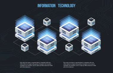 Büyük veri işleme, izometrik veri merkezi, vektör bilgi işleme ve depolama kavramı. Yaratıcı illüstrasyon soyut geometrik öğelerle.