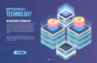 Blockchain ağ iş şablonu. Cryptocurrency ve blockchain izometrik kompozisyon. Madencilik soyut teknolojisi. Dijital para sistemi. Web ve app için Düzen.