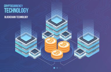 Blockchain ağ iş şablonu. Cryptocurrency ve blockchain izometrik kompozisyon. Madencilik soyut teknolojisi. Dijital para sistemi. Web ve app için Düzen.