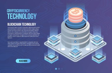 Blockchain ağ iş şablonu. Cryptocurrency ve blockchain izometrik kompozisyon. Madencilik soyut teknolojisi. Dijital para sistemi. Web ve app için Düzen.