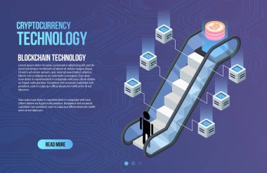 Blockchain ağ iş şablonu. Cryptocurrency ve blockchain izometrik kompozisyon. Madencilik soyut teknolojisi. Dijital para sistemi. Web ve app için Düzen.