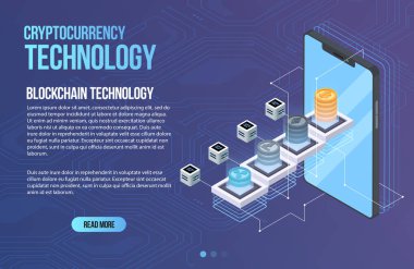 Blockchain ağ iş şablonu. Cryptocurrency ve blockchain izometrik kompozisyon. Madencilik soyut teknolojisi. Dijital para sistemi. Web ve app için Düzen.