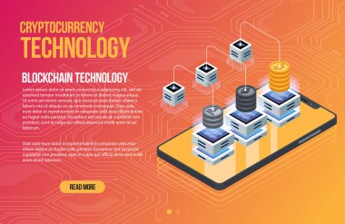Blockchain ağ iş şablonu. Cryptocurrency ve blockchain izometrik kompozisyon. Madencilik soyut teknolojisi. Dijital para sistemi. Web ve app için Düzen.