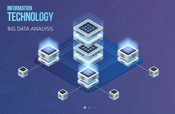 大きなデータの処理、等尺性データ センター、ベクトル情報処理およびストレージの概念。抽象的な幾何学的な要素を持つ創造的な図. — ストックベクタ