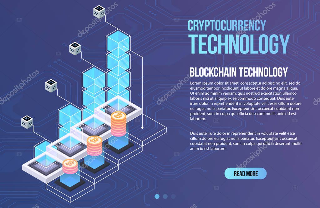 Blockchain network business template. Cryptocurrency and blockchain isometric composition. Mining Abstract Technology. Digital money system. Layout for web and app.