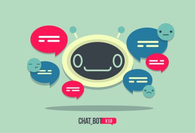 Konuşma balonu destek servisi sohbet bot ile şirin robot simge vektör modern düz çizgi film karakteri akıllı sohbet yardımcı.