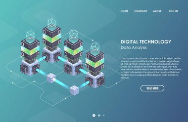 Büyük veri işleme, izometrik veri merkezi, vektör bilgi işleme ve depolama kavramı. Yaratıcı illüstrasyon soyut geometrik öğelerle.