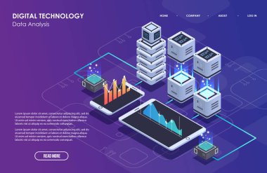 Büyük veri işleme, izometrik veri merkezi, vektör bilgi işleme ve depolama kavramı. Yaratıcı illüstrasyon soyut geometrik öğelerle.