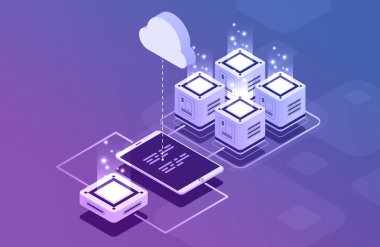 Büyük veri işleme, izometrik veri merkezi, vektör bilgi işleme ve depolama kavramı. Yaratıcı illüstrasyon soyut geometrik öğelerle.