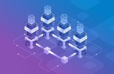 Büyük veri işleme, izometrik veri merkezi, vektör bilgi işleme ve depolama kavramı. Yaratıcı illüstrasyon soyut geometrik öğelerle.