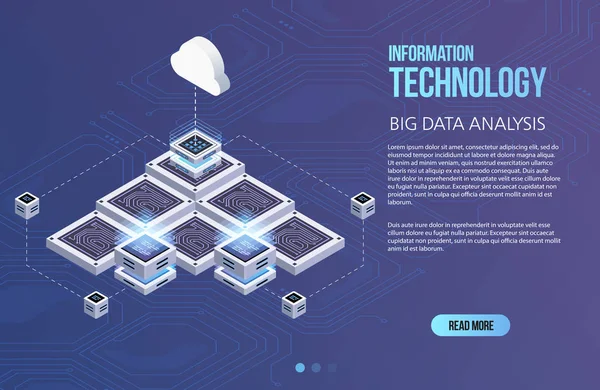 Concepto de procesamiento de big data, centro de datos isométrico, procesamiento y almacenamiento de información vectorial. Ilustración creativa con elementos geométricos abstractos . — Vector de stock