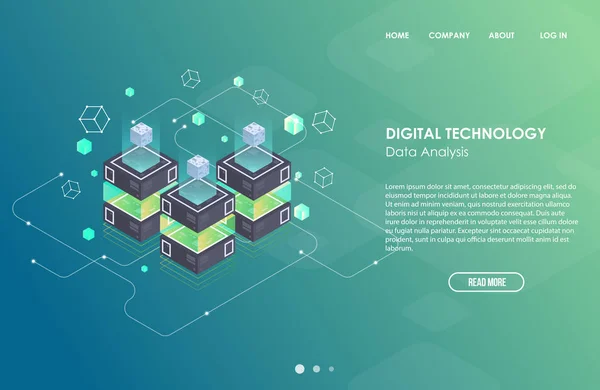 Concept van grote gegevensverwerking, isometrische datacenter, vector informatieverwerking en opslag. Creatieve illustratie met abstracte geometrische elementen. — Stockvector