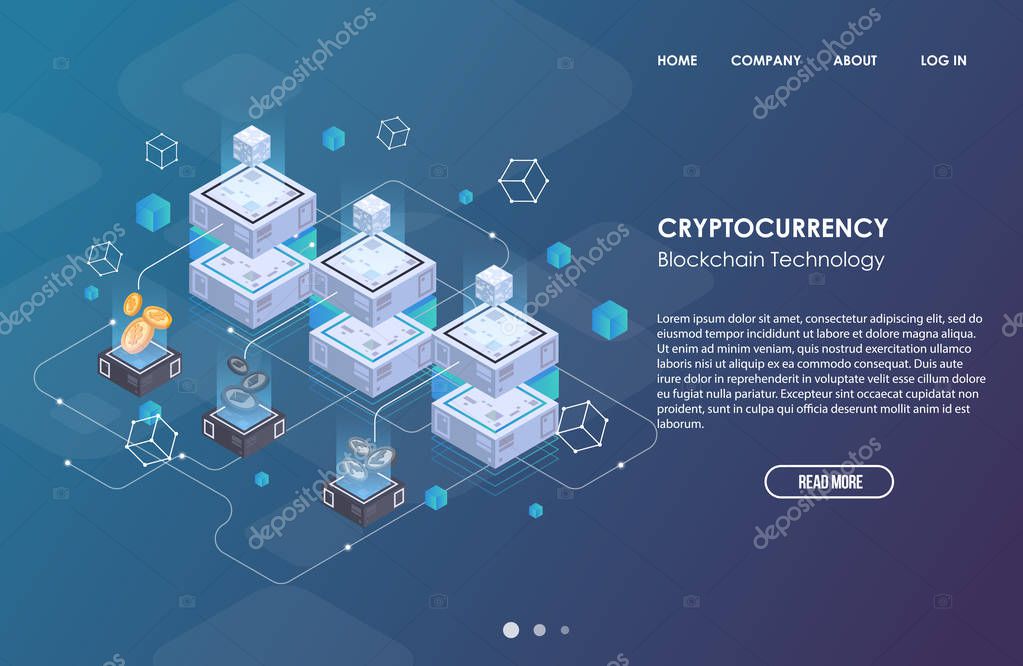 Blockchain network business template. Cryptocurrency and blockchain isometric composition. Mining Abstract Technology. Digital money system. Layout for web and app.