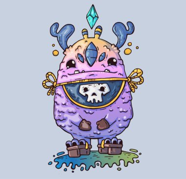 Bib komik canavar. Komik Ayakkabı boynuzlu oluşturma. Karikatür çizim yazdırma ve web. Modern grafik stili karakter.