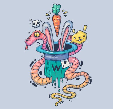 Sihirli şapka bir tavşan ve bir yılan. Karikatür çizim yazdırma ve web. Modern grafik stili karakter.