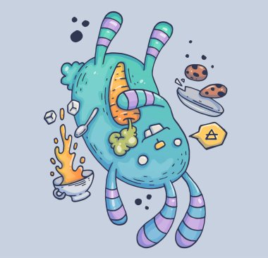 Çay ve kurabiye ile düşen tavşan. Karikatür çizim yazdırma ve web. Modern grafik stili karakter.