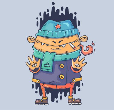 Gizemli zorba bir sigara ile. Karikatür çizim yazdırma ve web. Modern grafik stili karakter.