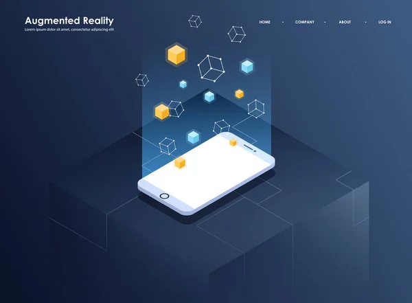Artırılmış gerçeklik kavramı izometrik afiş. Mobil app ve Web sitesi için düz tasarım şablonu. Sanal gerçeklik izometrik çizimde. — Stok Vektör