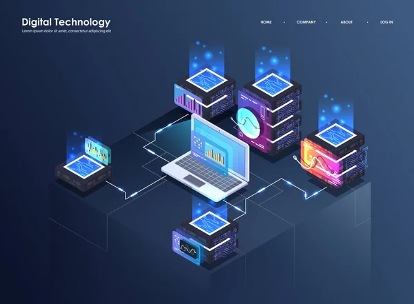 Konzept der Big Data-Verarbeitung, isometrisches Rechenzentrum, Vektorinformationsverarbeitung und -speicherung. Kreative Illustration mit abstrakten geometrischen Elementen. — Stockvektor