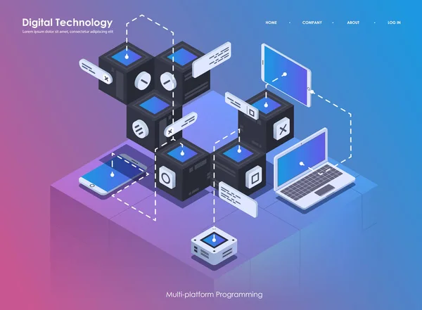 Rozwój oprogramowania i programowania. Kodowania creative proces programu lub systemu. Ilustracja płasko izometryczny. — Wektor stockowy