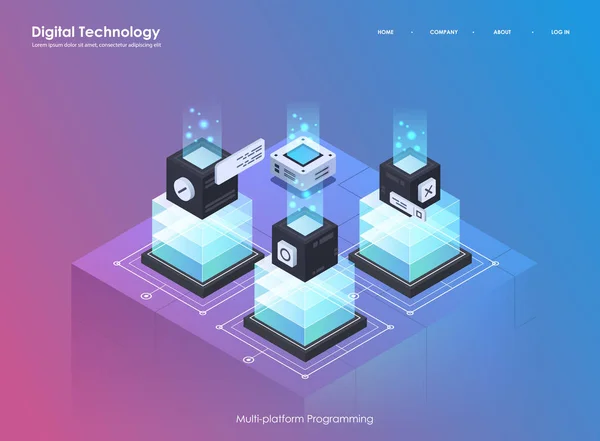 Desenvolvimento e programação de software. Codificação programa criativo ou processo de sistema. Ilustração isométrica plana . — Vetor de Stock